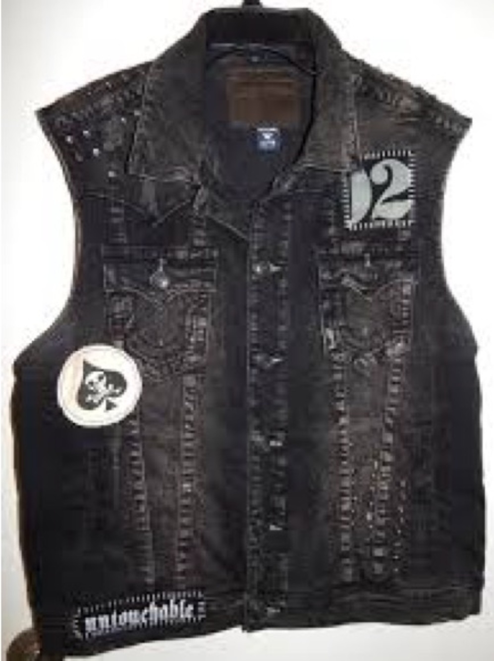 True Religion Black Studded Denim Vest with Graphic Patches